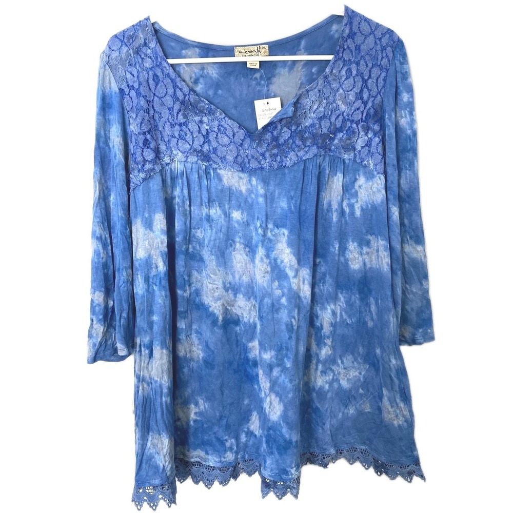 One World Blouse Women XL Blue Crochet Lace V Neck 3/4 Sleeve Tunic Top NWT